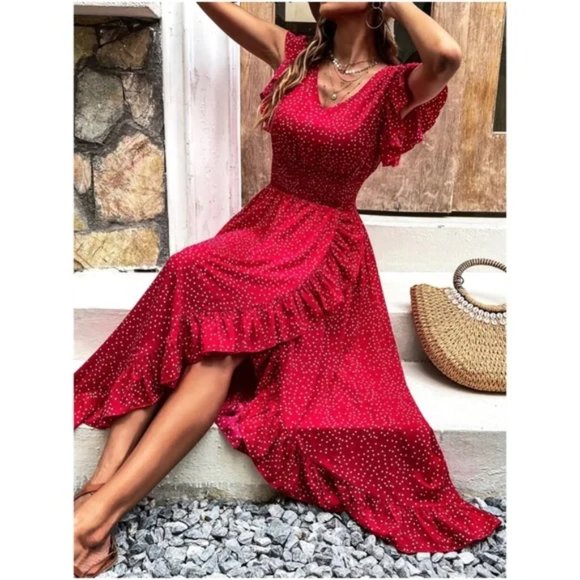 Red  Boho Polka Dot butterfly Sleeve Maxi Dress - Picture 2 of 5